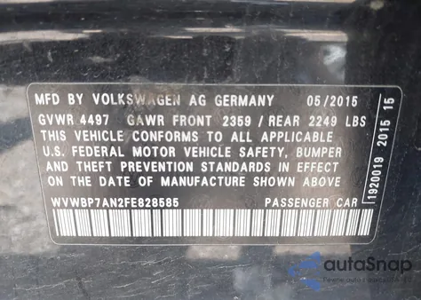 2015 Volkswagen Cc Sport from USA, damaged, VIN WVWBP7AN2FE828585